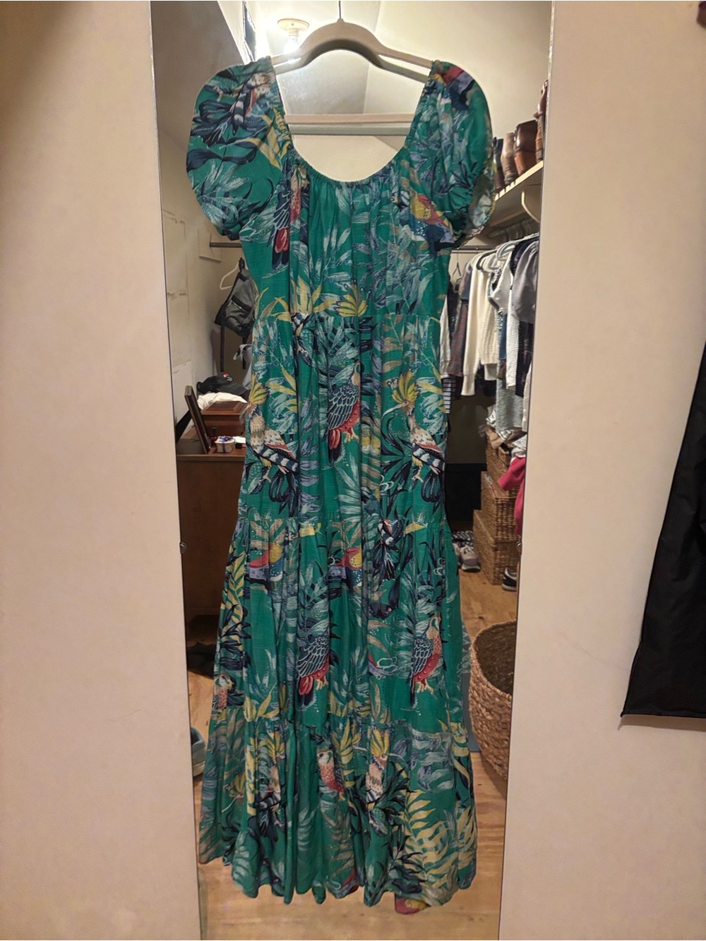 Anthropologie Maeve Sz Med Green Tropical Maxi Dress with Puff Sleeves - Picture 3 of 14